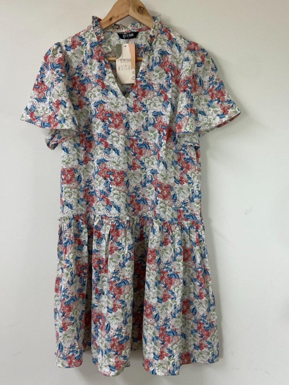 BTFBM Women Short Sleeve V Neck Tiered Ruffle Swing Dress Floral Mini Dress S